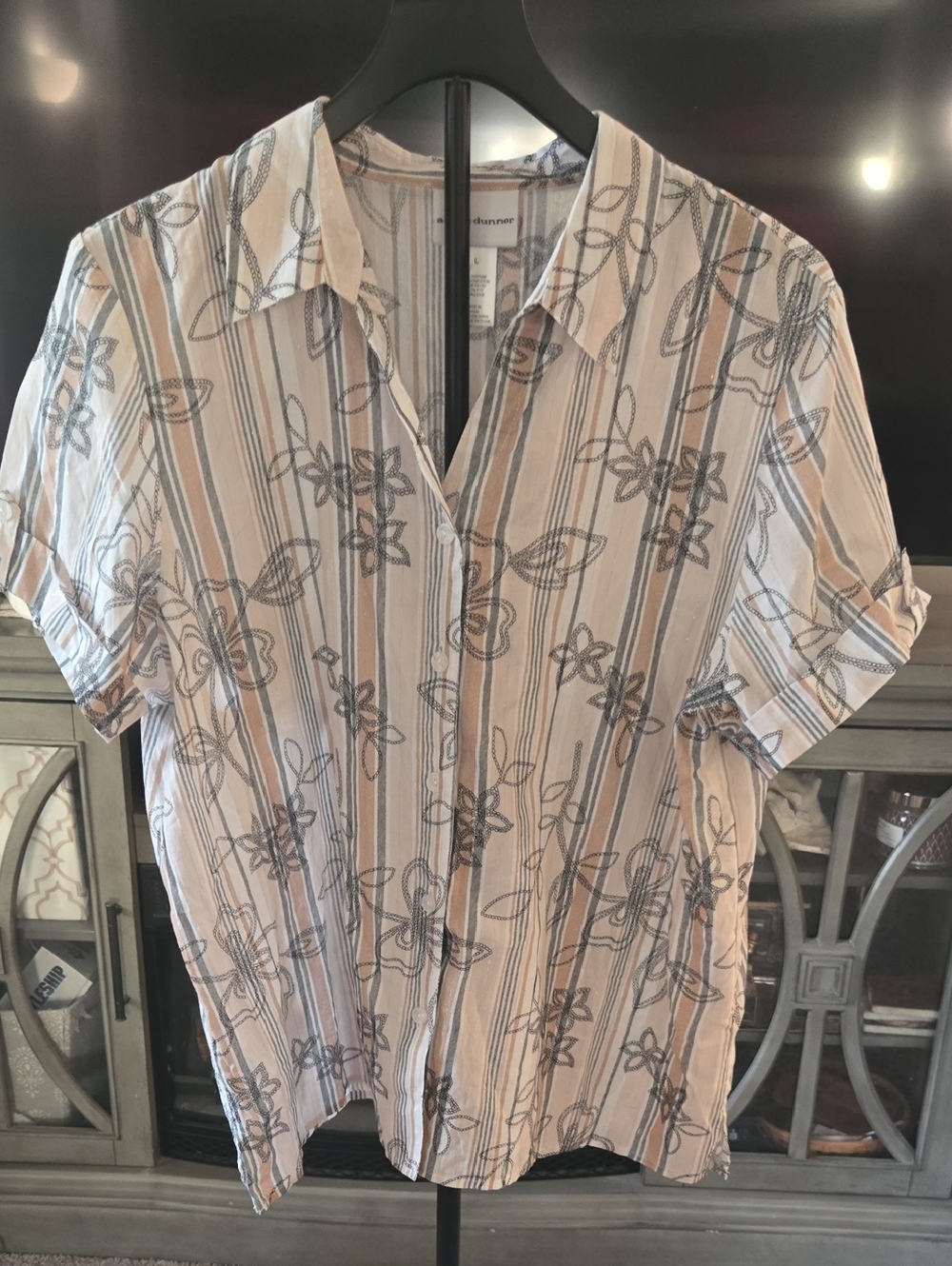 Alfred Dunner White, Tan & Gray Floral Stripe Button-Down Shirt